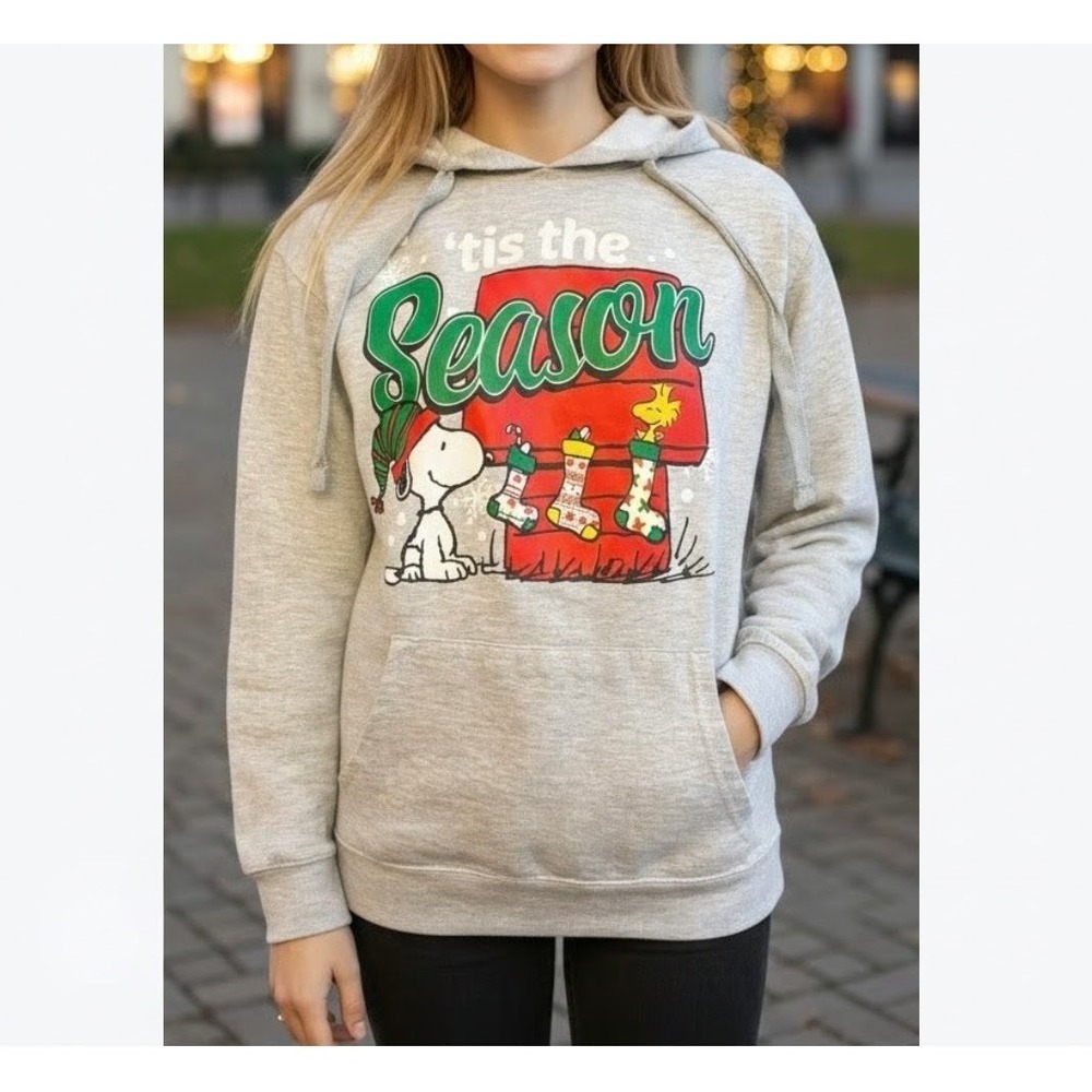 Peanuts Snoopy Christmas Hoodie Gray Tis The Season Woodstock XXL